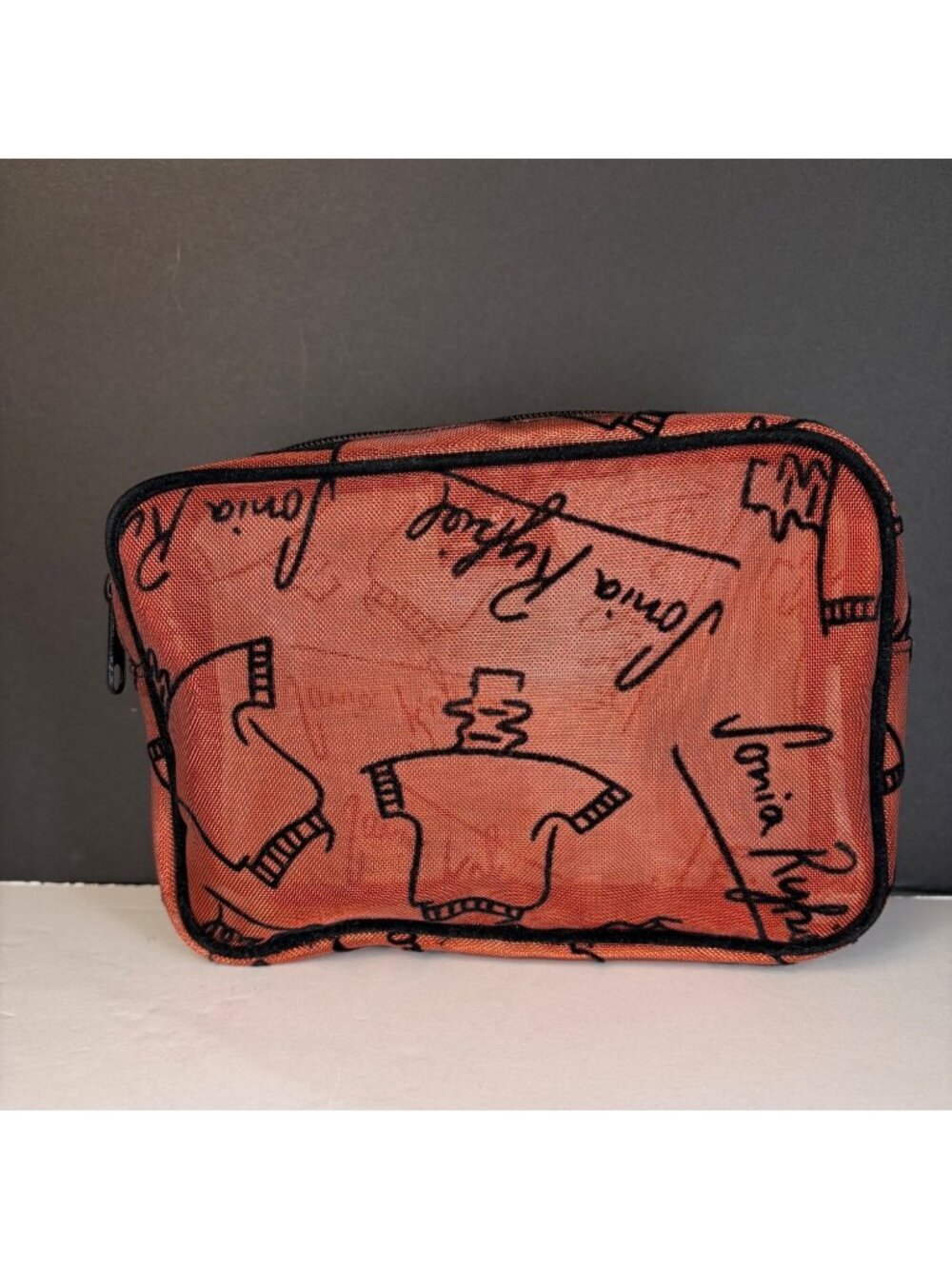 Sonia Rykiel Paris Orange Mesh Cosmetic Bag Makeup Pouch Script Sweater Print